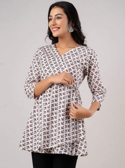 Cotton Printed White Angrakha Short Tunic