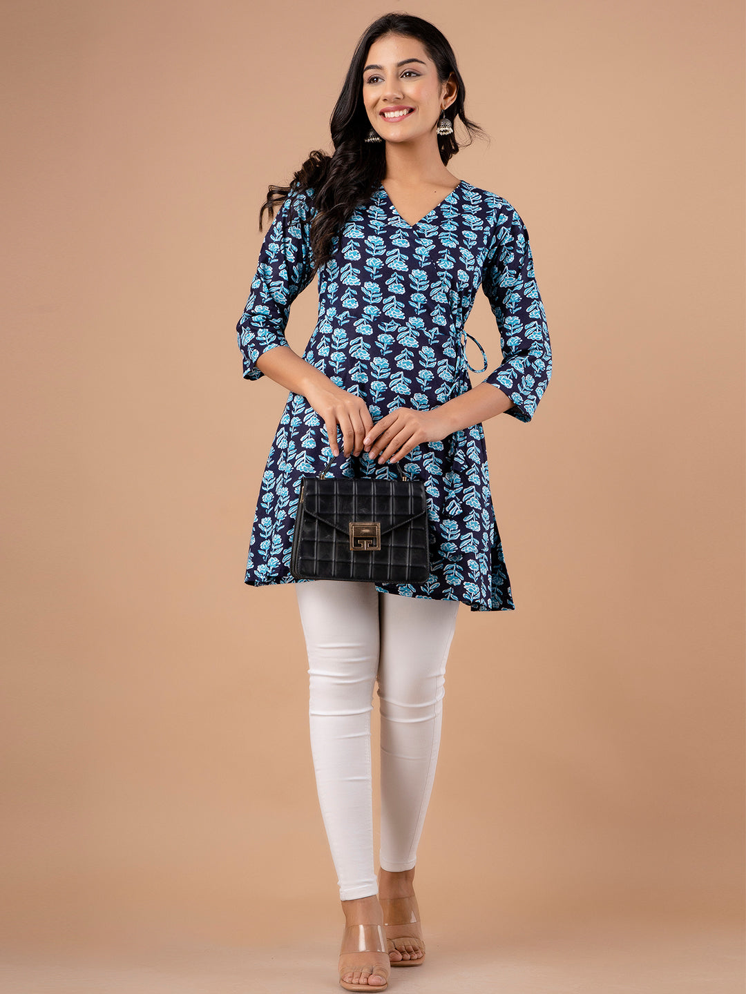 Cotton Printed Blue Angrakha Short Tunic