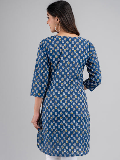 Women Printed Blue Straight Fit Short Kurti