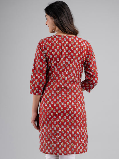 Women Printed Red Straight Fit Short Kurti