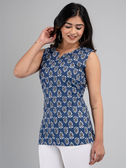 Cotton Printed Blue Sleeveless Top