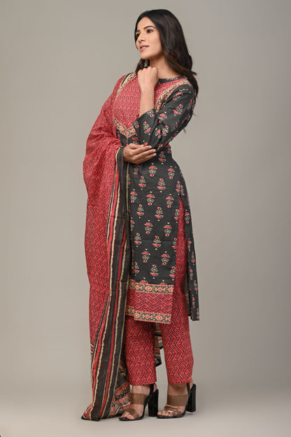 COTTON PRINTED BLACK KURTA SET WITH DUPATTA