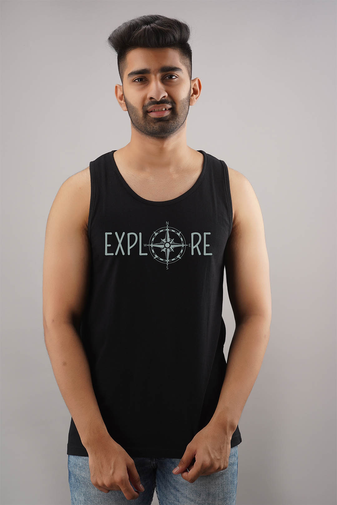 Explore Black Sleeveless T-Shirt