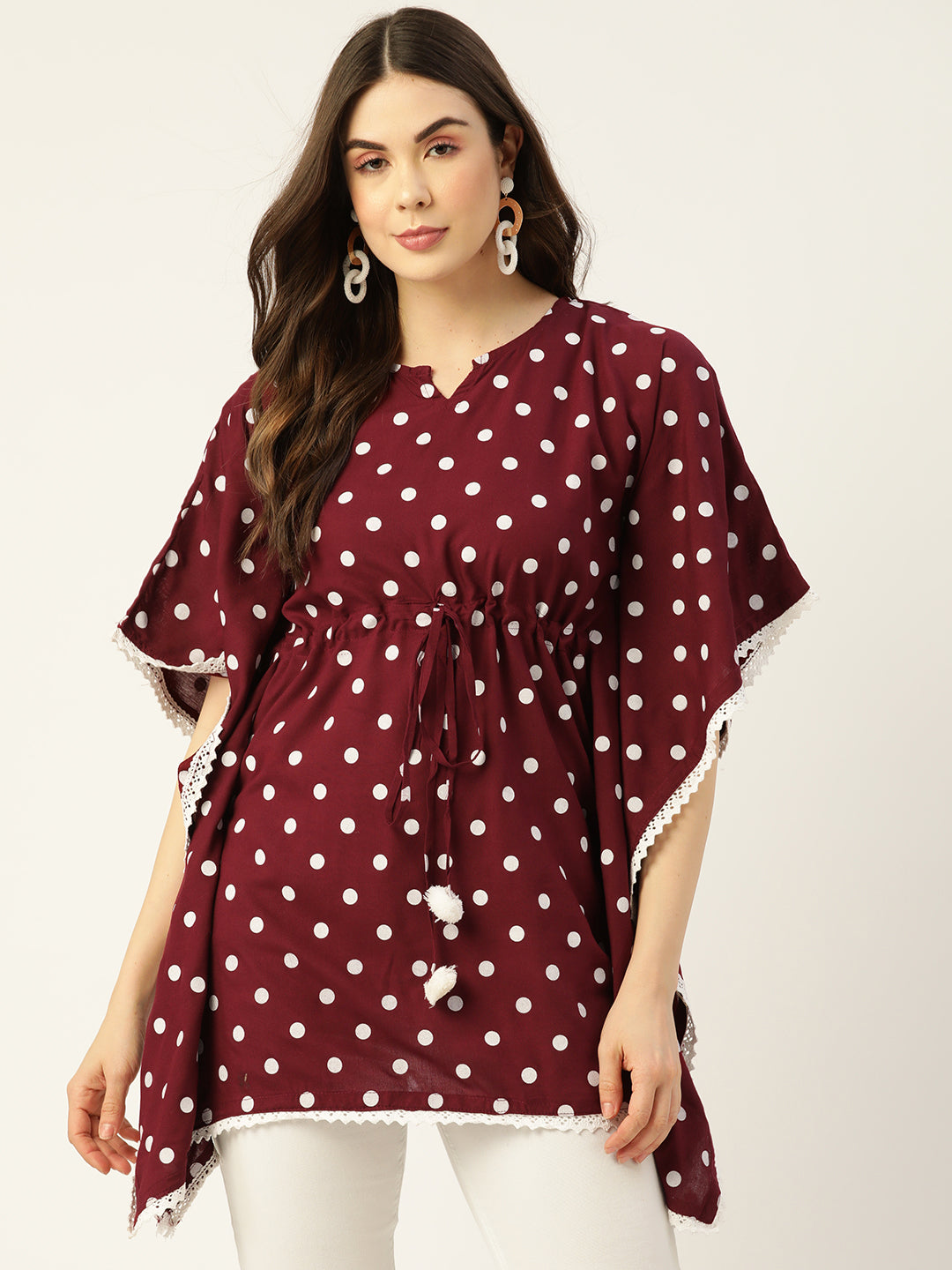 WOMEN MAROON RAYON PRINTED KAFTAN TUNIC