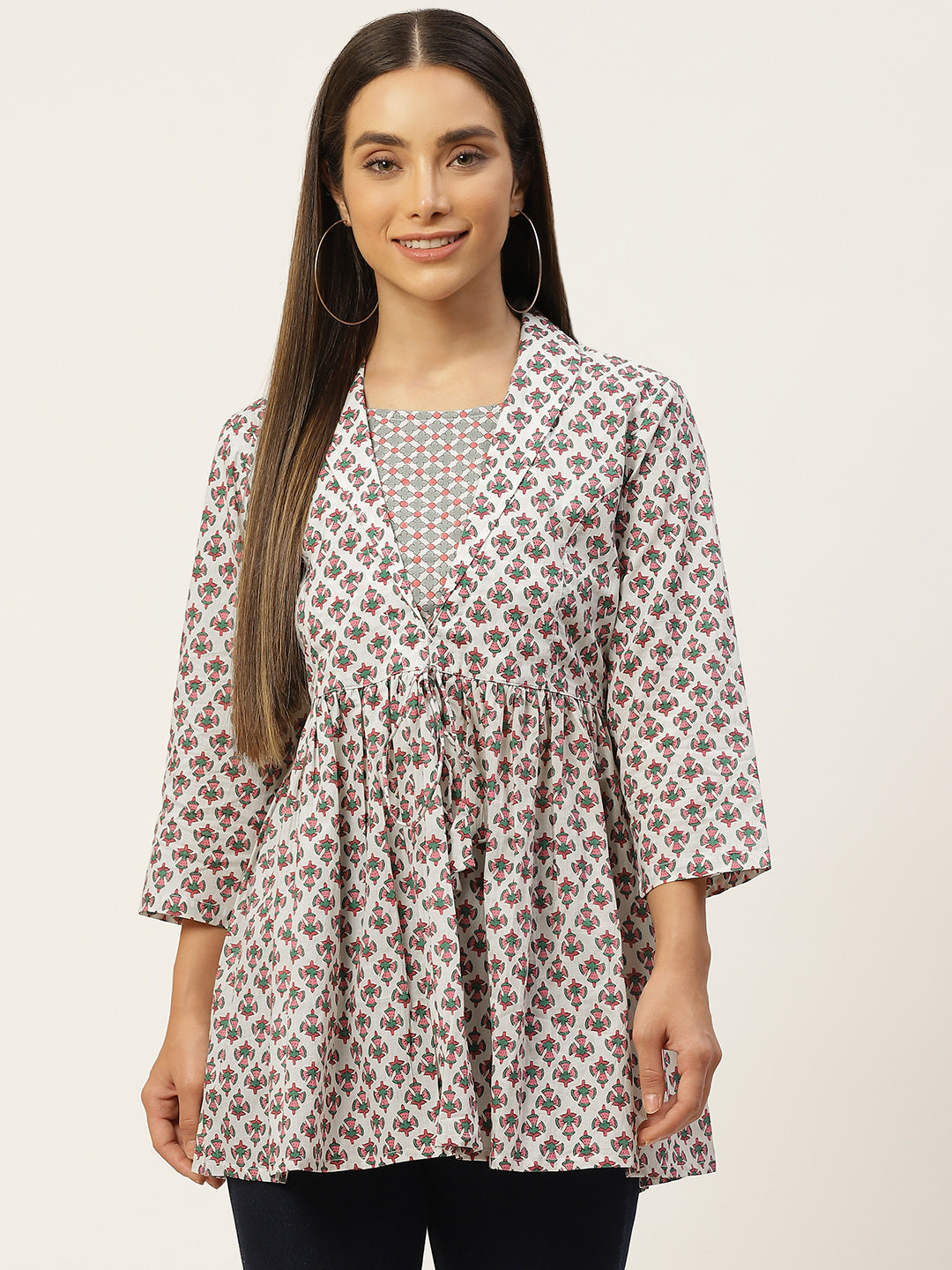 WOMEN WHITE COLLARED PRINTED FLARED KURTI