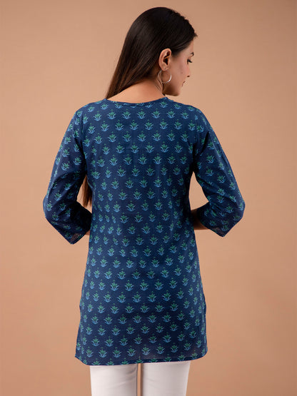 Women Royal Blue Cotton Printed Short Kurti