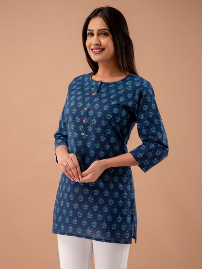 Women Royal Blue Cotton Printed Short Kurti