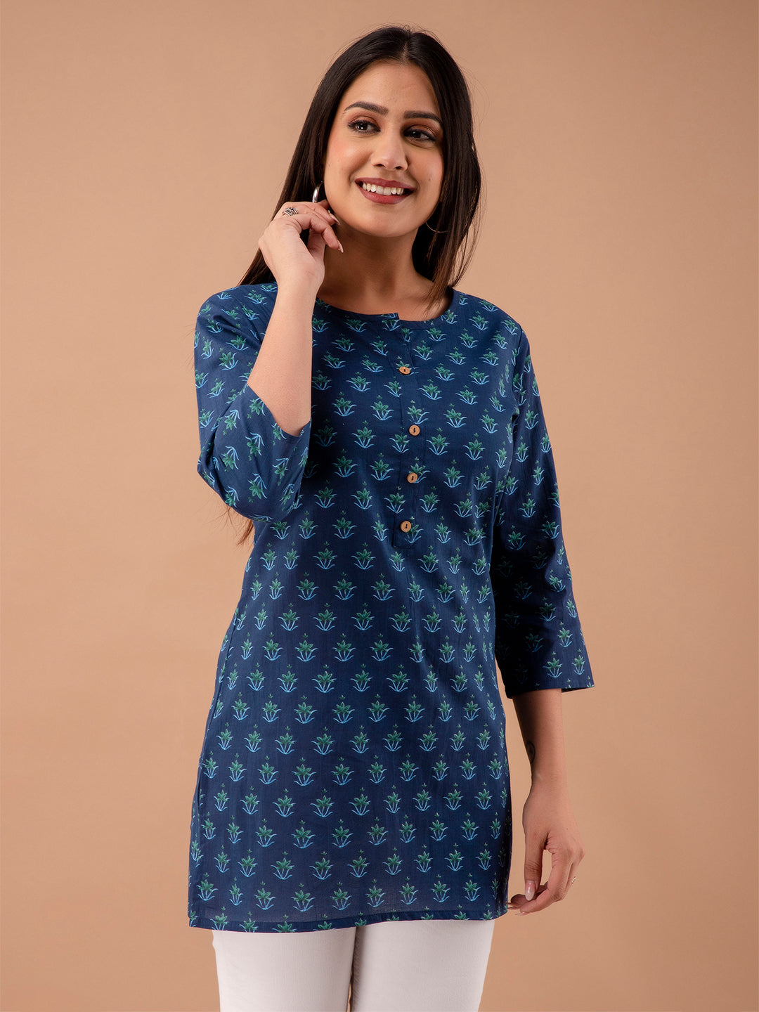 Women Royal Blue Cotton Printed Short Kurti